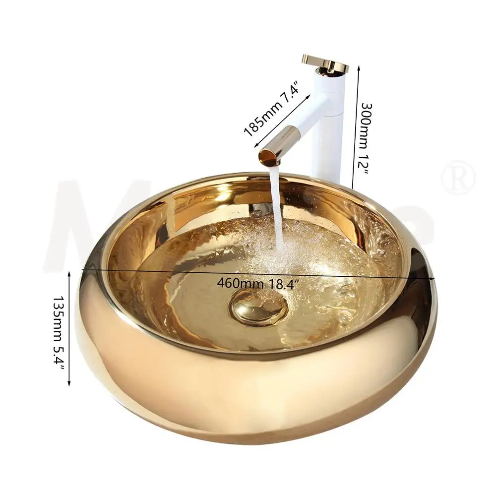 DecorBites™ Golden Plated Round Ceramic Luxury Bath Mixer Set with Brass Faucet & Pop Drain