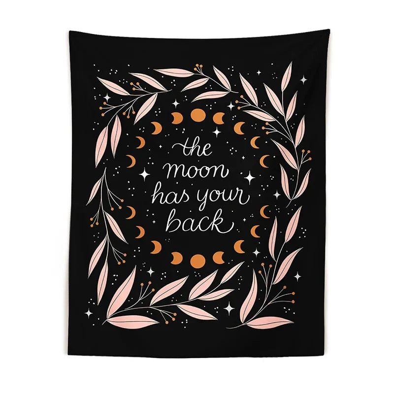 DecorBites™ Botanical Olive Leaf Moon Phase Wall Hanging Tapestries - Black Psychedelic Home Decor