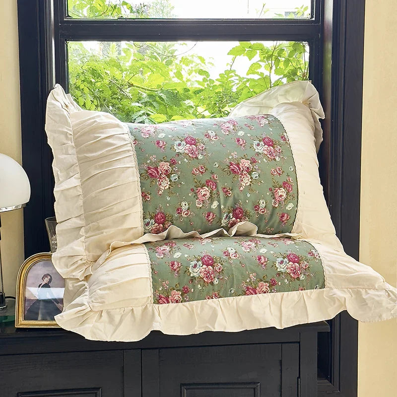 DecorBites™ French Flowers Lace Ruffles Cotton Bedding Set with Duvet Cover, Bed Skirt, and Pillowcases