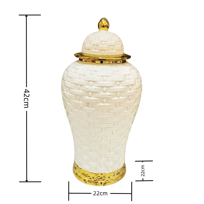 DecorBites™ Golden Flower Vase Ceramic Checkmate Jar Weave Pattern Home Decoration Accessories