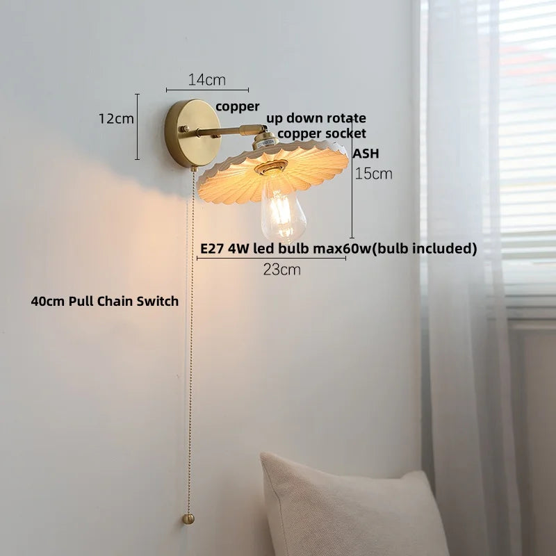 "Afralia™ Ash Wood LED Wall Lights Living Room Porch Stair Nordic Modern Up Down Rotate Pull Chain Switch Bedside Lamp"