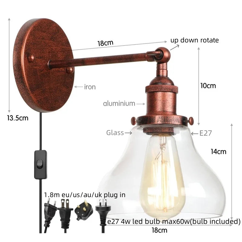 DecorBites™ Black Iron LED Wall Lights Industrial Pull Chain Switch Bedroom Dining Room Loft