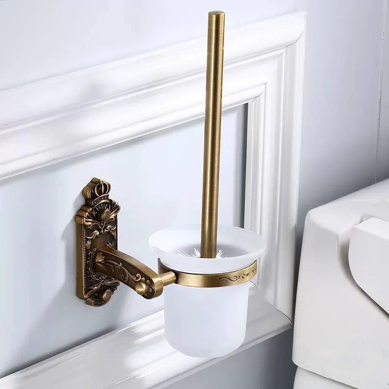 DecorBites™ Bronze Carved Bath Accessories Set: Shelf, Towel Rack, Paper Holder, Toilet Brush Holder