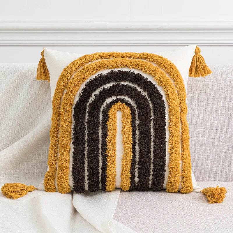 DecorBites™ Boho Style Tufted Tassels Yellow Cushion Cover for Home Decor