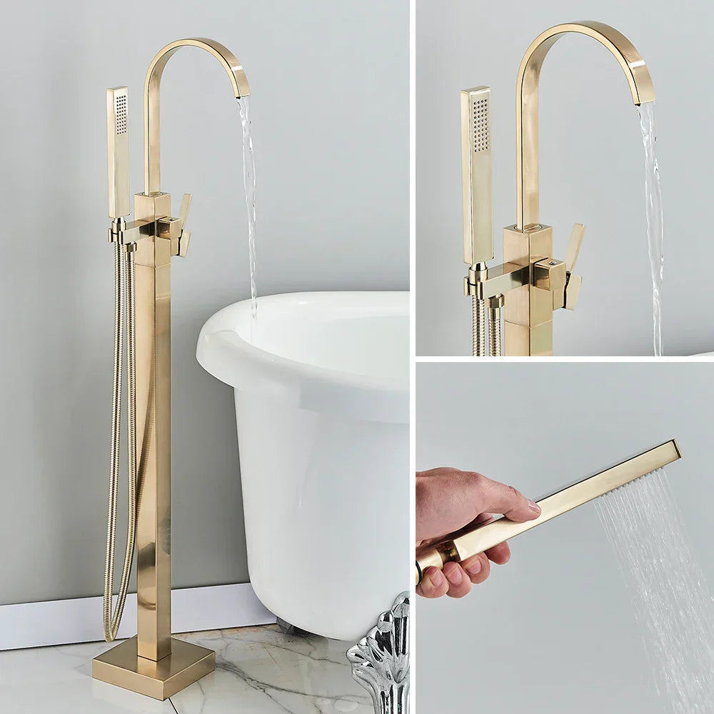 DecorBites™ Brushed Gold Tub Shower Faucet Floor Mounted Waterfall Mixer Tap