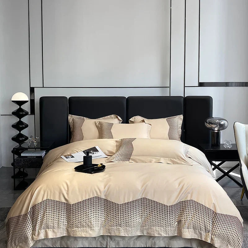 طقم مفروشات فاخر مطرز من القطن DecorBites™ 1000TC باللون الأزرق والأبيض والشمبانيا