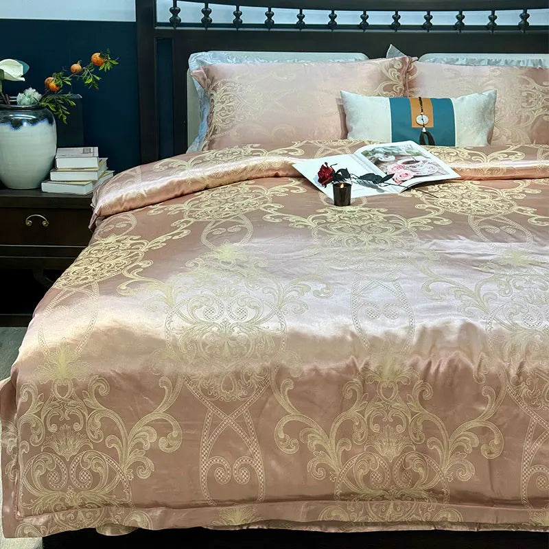 DecorBites™ Blue Satin Jacquard Queen Duvet Cover Set with Sheet & Pillowcases