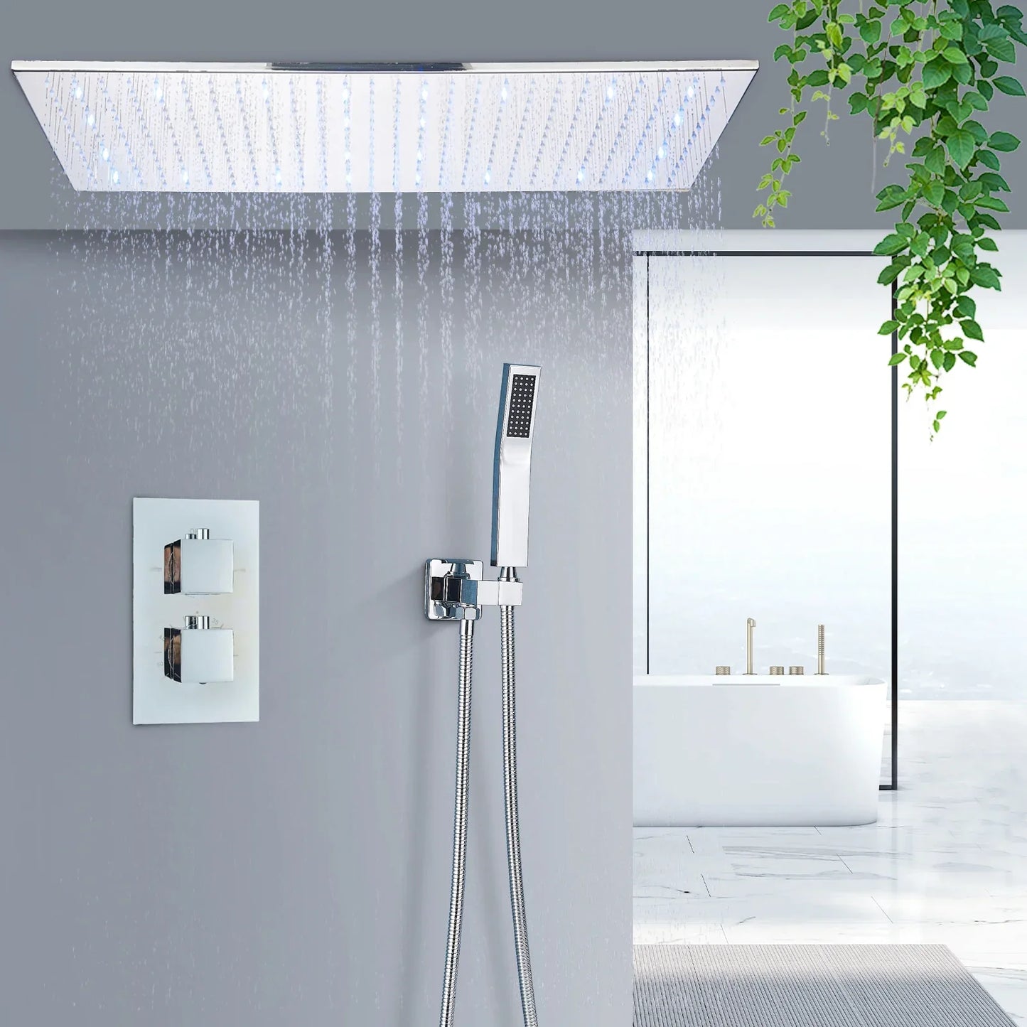 Juego de grifería termostática para ducha DecorBites™ con luz LED en oro cepillado y cabezal de ducha tipo lluvia para techo