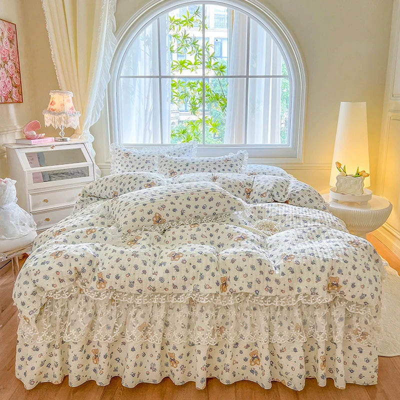 Juego de cama DecorBites™ con volantes de encaje francés y tela seersucker: 4 piezas, funda nórdica estilo princesa