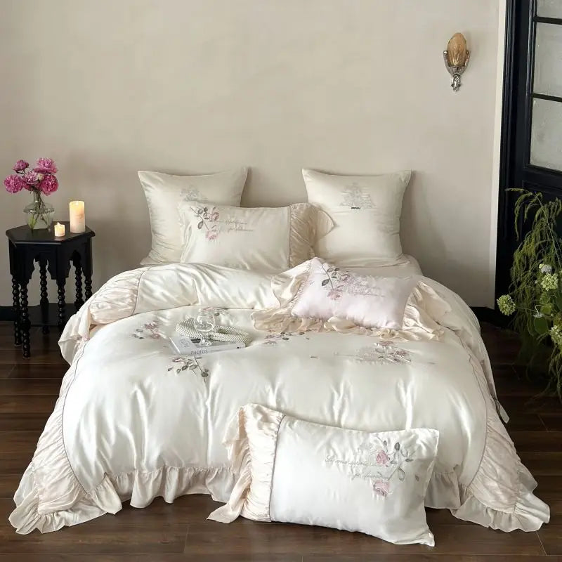 DecorBites™ Embroidered Lace Princess Bedding Set - 4 Piece Cotton Flowers Collection
