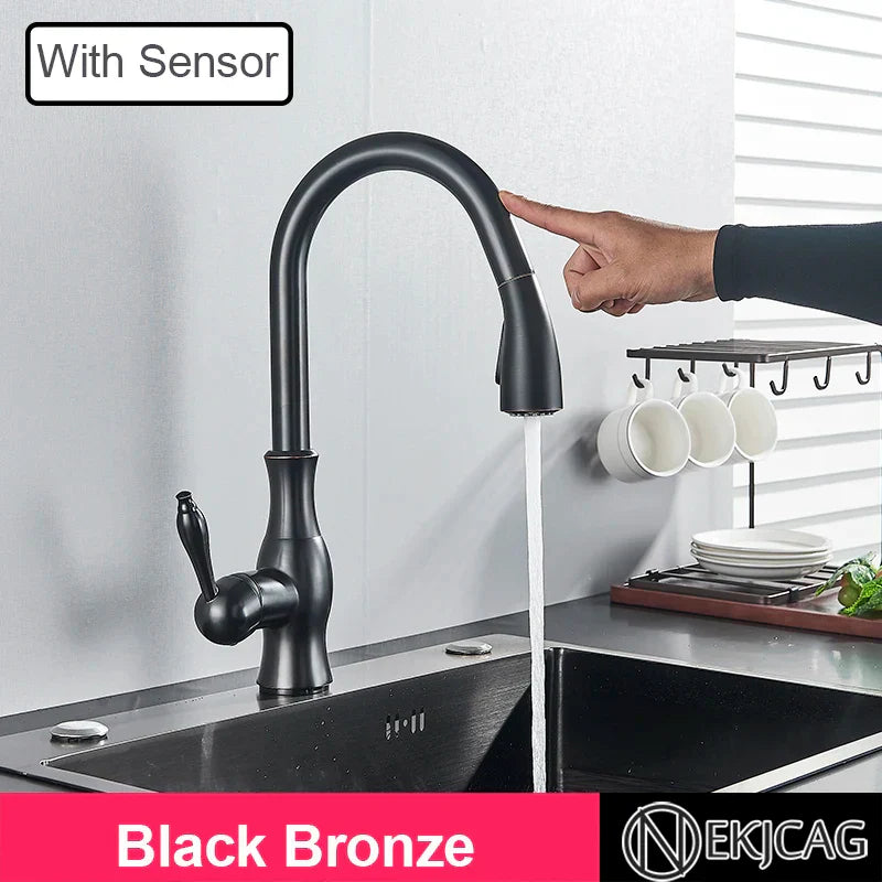 DecorBites™ Gold Sensor Kitchen Faucet Pull Out Touch Control Mixer Tap Sink Crane