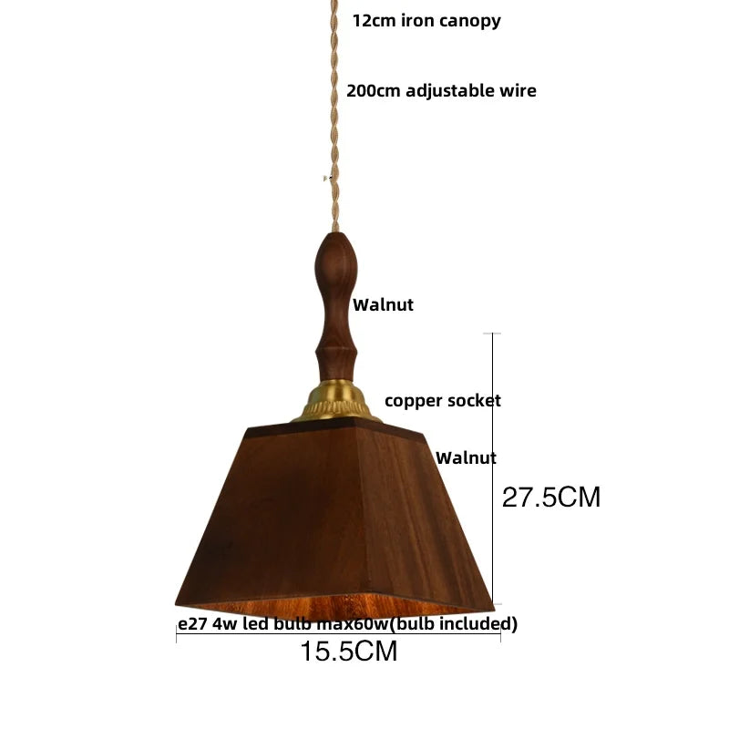 DecorBites™ LED Pendant Lamp: Japan Style, Copper Socket, Walnut Wood, Adjustable Hanging Light