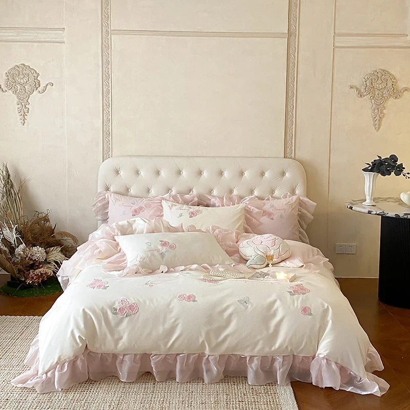 DecorBites™ Butterfly Flowers Lace Ruffles 4Pcs Bedding Set: Duvet Cover, Sheet, Pillowcases