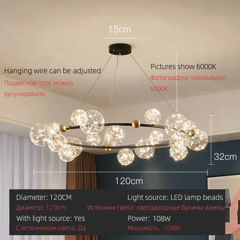 DecorBites™ LED Glass Bulb Pendant Light: Modern Round Design, Gold/Black, Gypsophila String