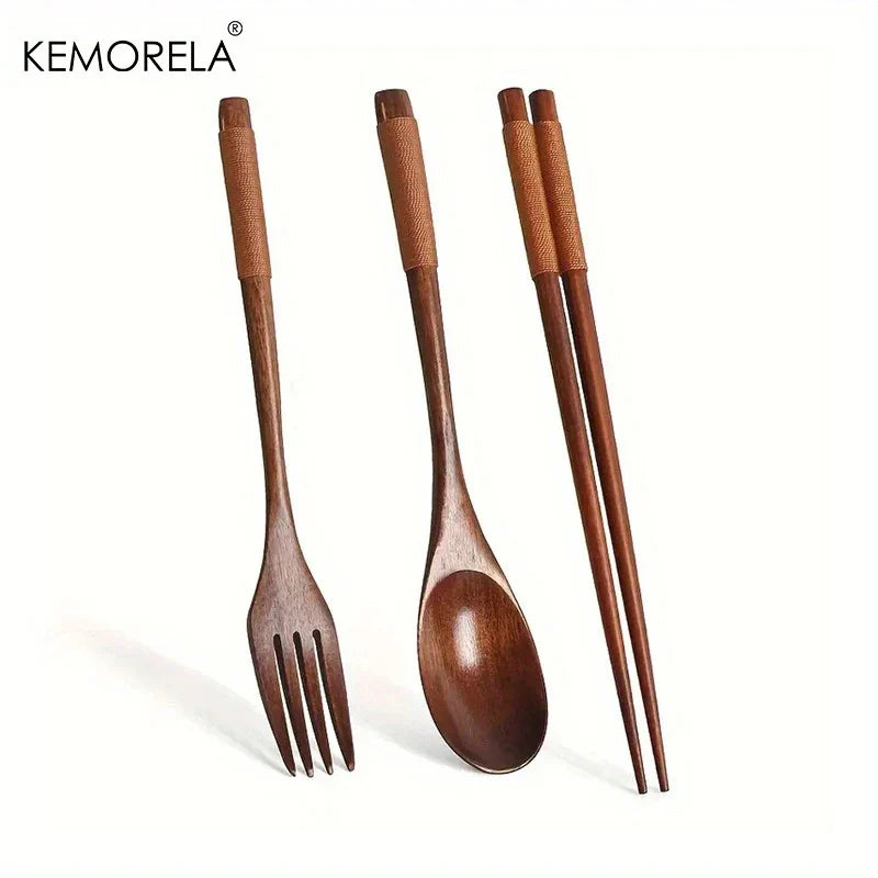 DecorBites™ Japanese Wooden Utensil Set - Premium 3-Piece Dining Collection