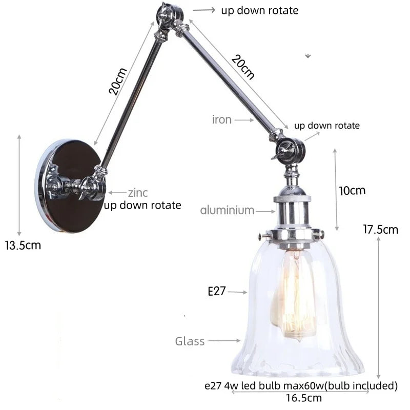 DecorBites™ Chrome Industrial LED Wall Sconce Swing Arm Clear Glass Lamp