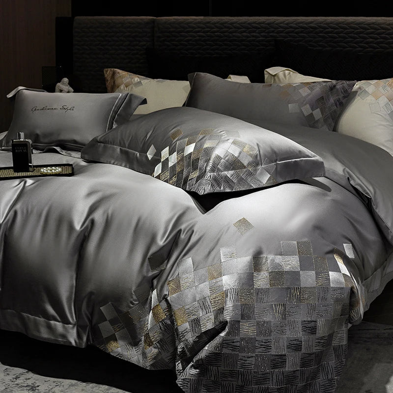 طقم مفروشات سرير فاخرة مطرزة من ديكوربايتس™، مكون من 4 قطع، باللون الأبيض اللؤلؤي/الرمادي، من قماش الساتان والقطن المزخرف