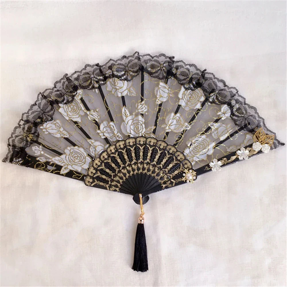 DecorBites™ Elegant Gemstone Handle Lace Fan for Dark Gothic Court Party