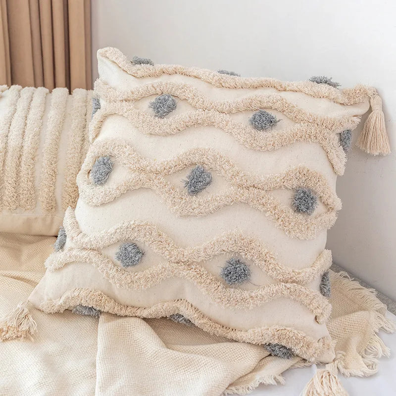 DecorBites™ Boho Square Pillowcase with Embroidery & Tassel Detail for Living Room Sofa