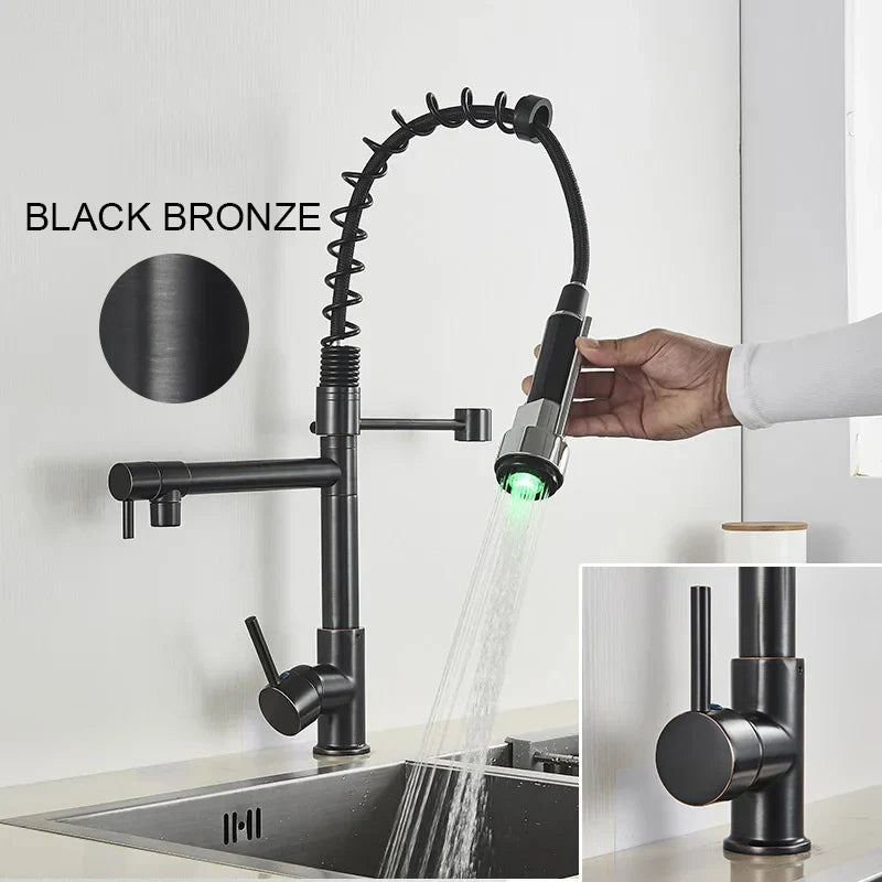 DecorBites™ LED Brushed Kitchen Faucet with Pull-Down Spring, Single Handle Swivel Spout