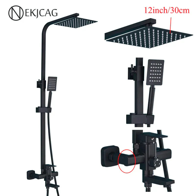 مجموعة صنبور دش DecorBites™ من الفولاذ المقاوم للصدأ باللون الأسود مع مخرج شلال - صنبور حوض استحمام من الكروم