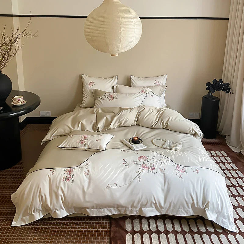 DecorBites™ Chinese Flowers Embroidery Luxury Bedding Set - 1000TC Egyptian Cotton Duvet Cover, Flat Sheet, Fitted Sheet, Pillowcases