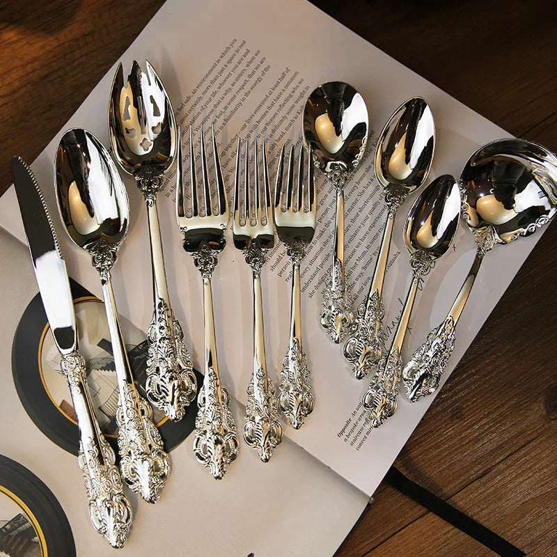 DecorBites™ Baroque Silver Cutlery Set, Kitchen Flatware Knife Fork Spoon, 10 Pcs