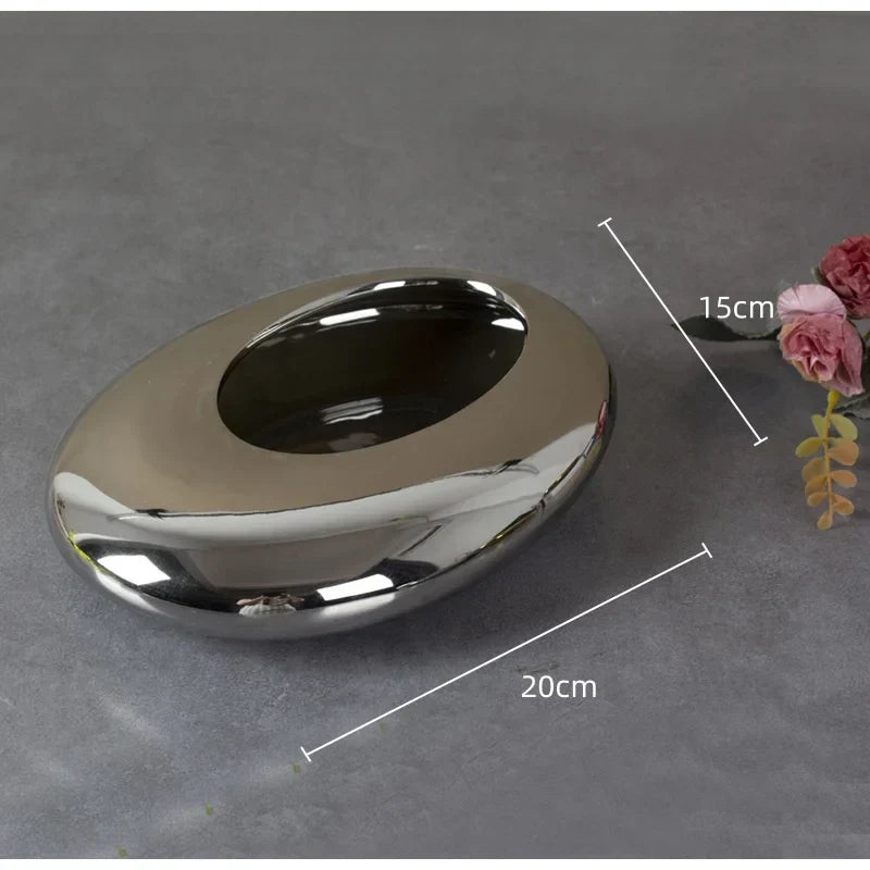DecorBites™ Silver Cobblestone Ceramic Vase Geometric Oval Flower Pot Home Decor