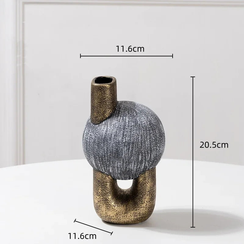 DecorBites™ Golden Stripe Geometric Ceramic Vase - Abstract Floral Arrangement Home Decor