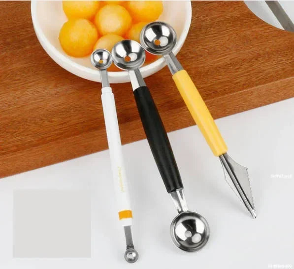 Utensilio de cocina doble DecorBites™: Mini pala para bolas y cuchara para melón, ideal para cocinar y preparar helados.