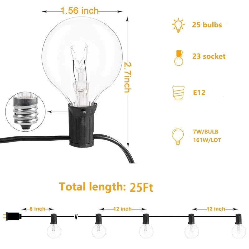 DecorBites™ G40 Edison Glass Incandescent String Lights - 25FT Waterproof Outdoor Patio Fairy Lights