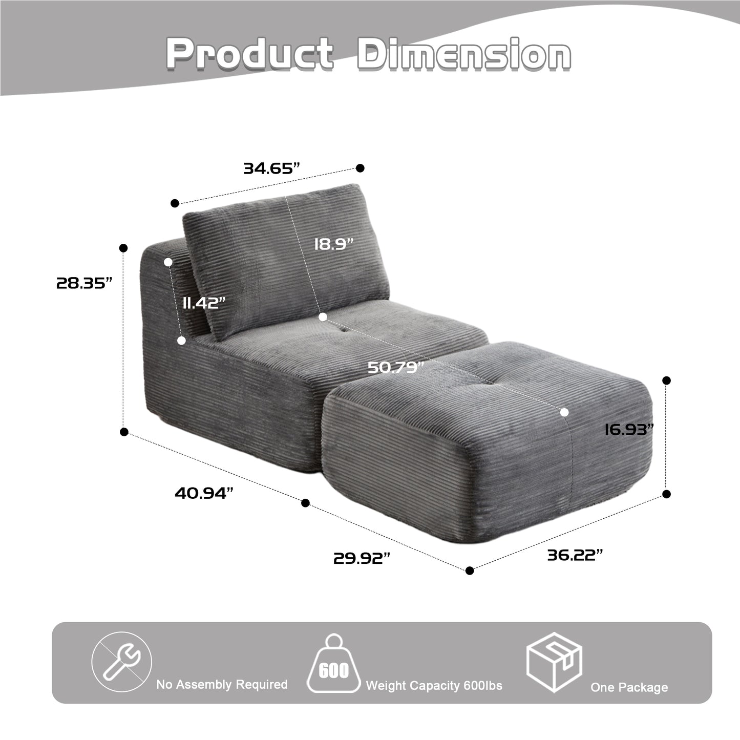 Modern Memory Foam Compressed Sofa,Single Chaise Longue For Living Room,Pet-Friendly Cloud Modular Sectional Sofa,Corduroy Fabric,Movable Ottoman,No Assembly Required,Grey