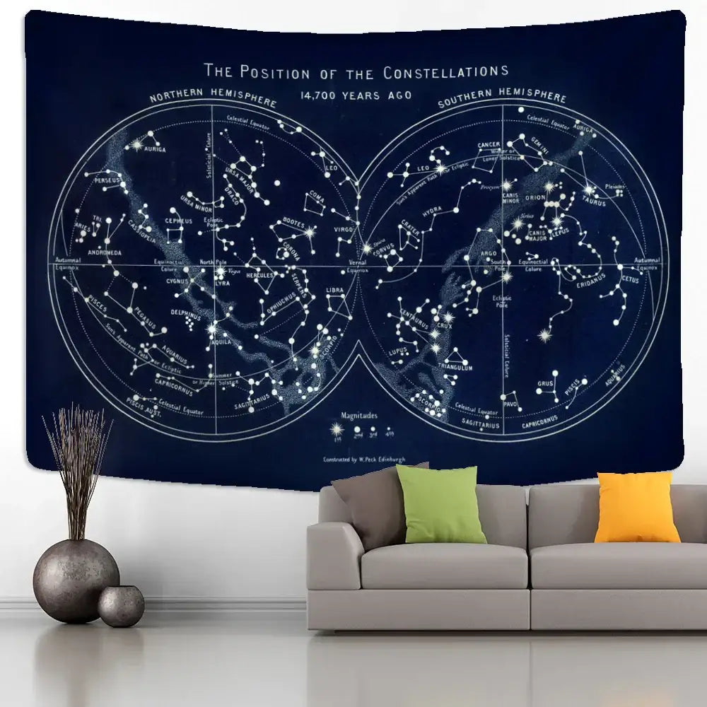 Abstract navy blue cosmic constellation compass tapestry depicting 14,700 year old celestial constellations for bedroom decor