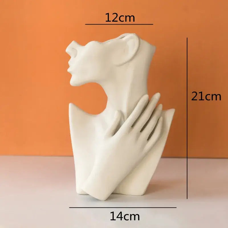 Abstract white ceramic vase portrait ornament featuring a half face with a woman’s neck and hand for living room decor