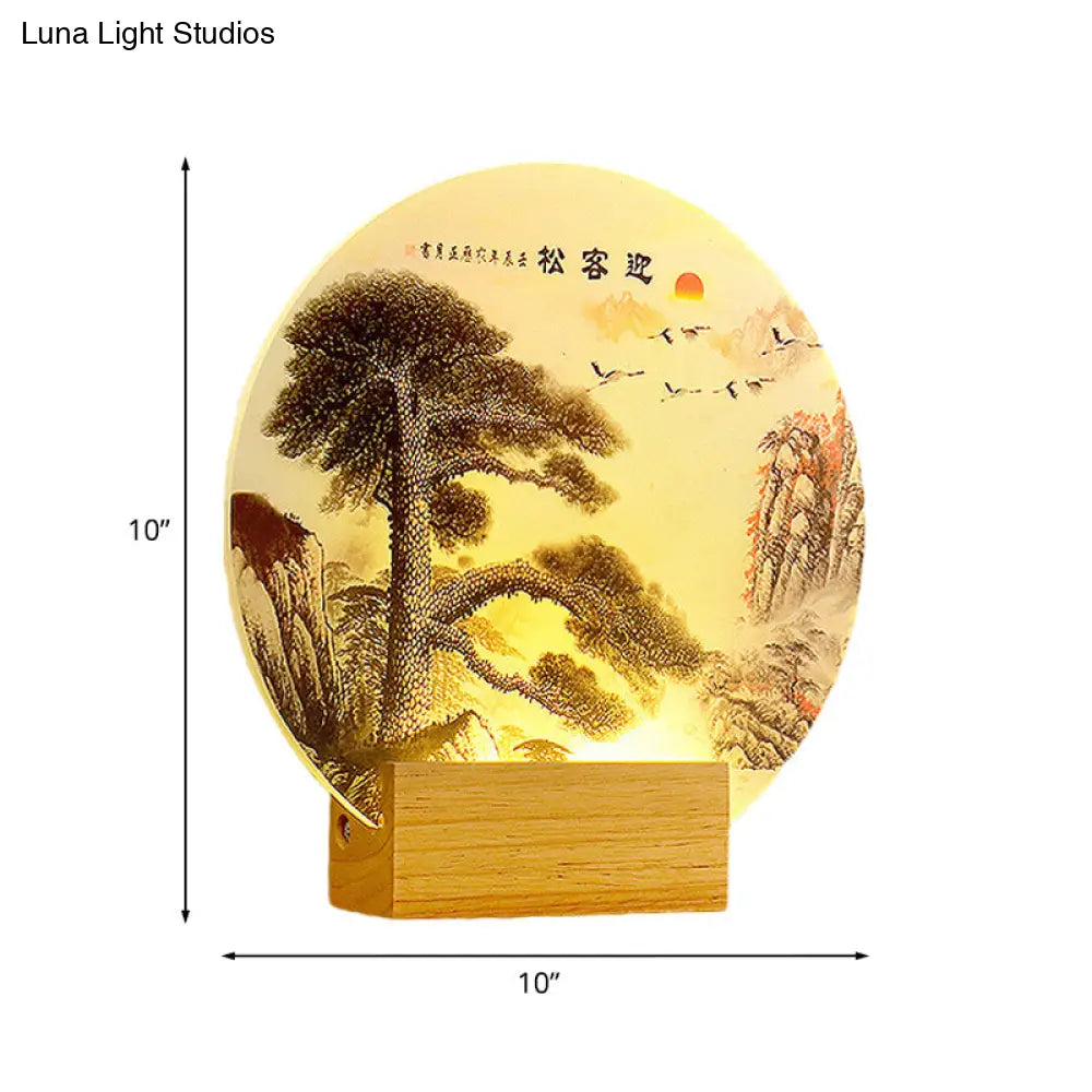 Aplique de pared LED acrílico: Pino redondo y montaña - Lámpara mural de madera de estilo oriental
