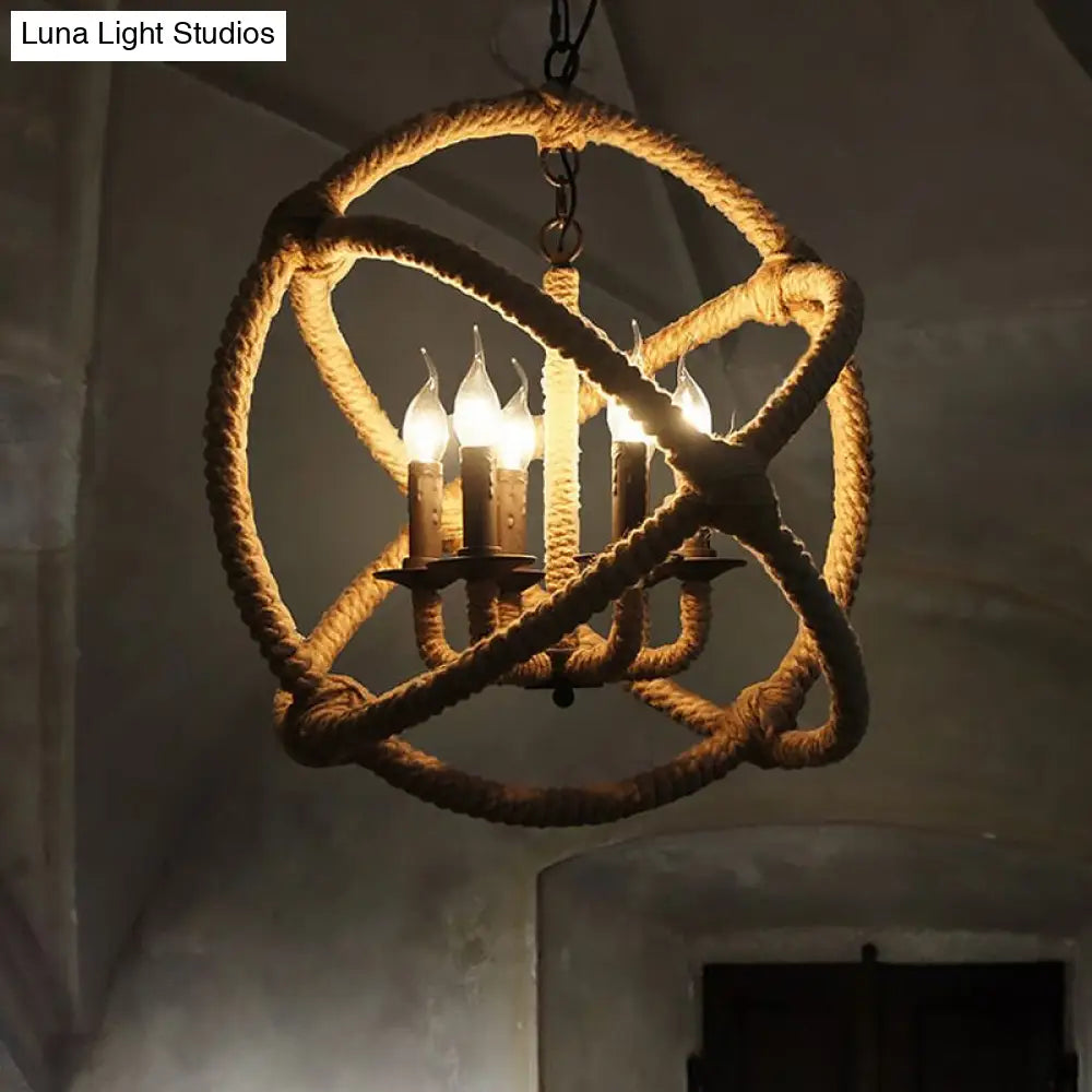 Lámpara de araña ajustable color beige para dormitorios - Lámpara colgante de estilo industrial, pantalla esférica de cuerda con cadena