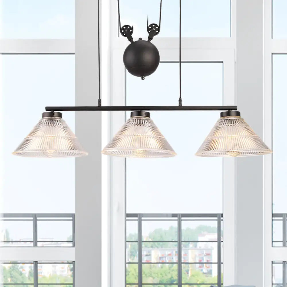 DecorBites™ Adjustable Pulley Industrial Cone Pendant with Prismatic Glass - Black, 2/3-Light Island Lamp