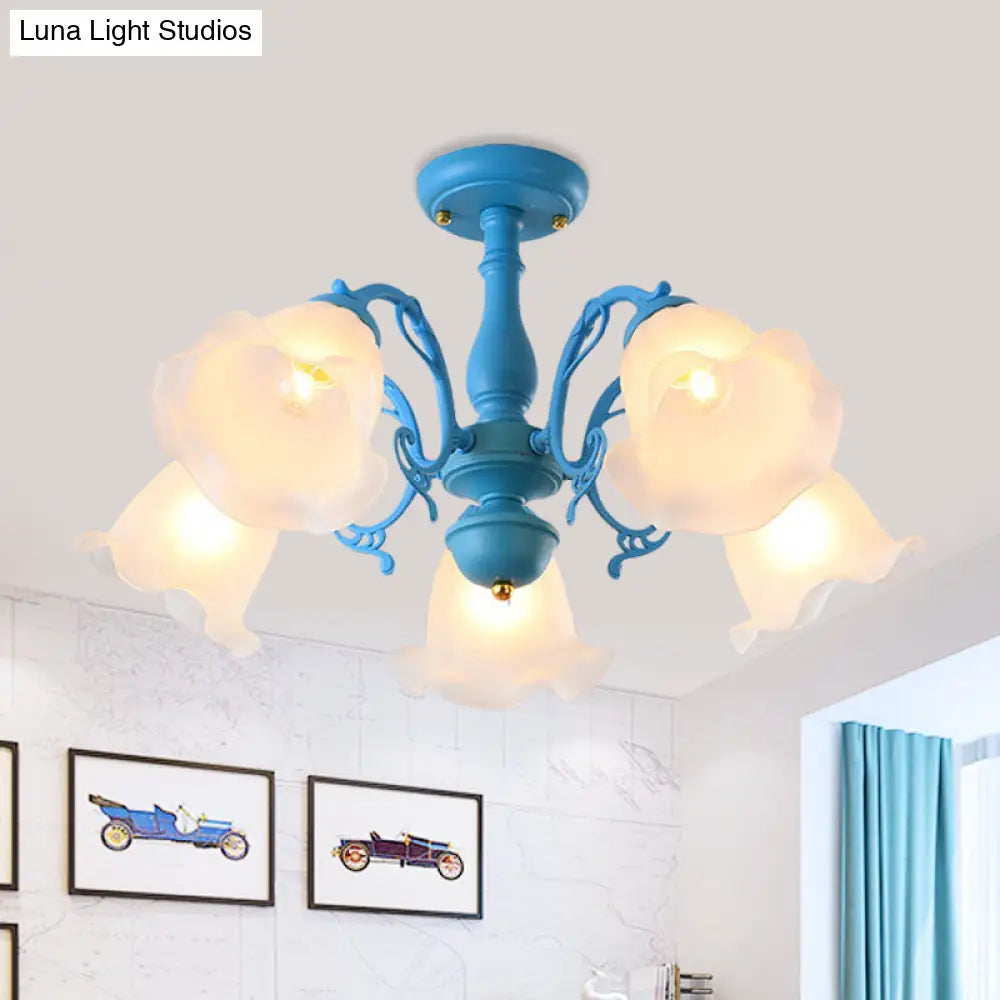 DecorBites™ DecorBites™ Adjustable Semi Flush American Flower Chandelier - 3/5 Bulbs, Ruffled Design, Grey/Blue/Green Matte Glass