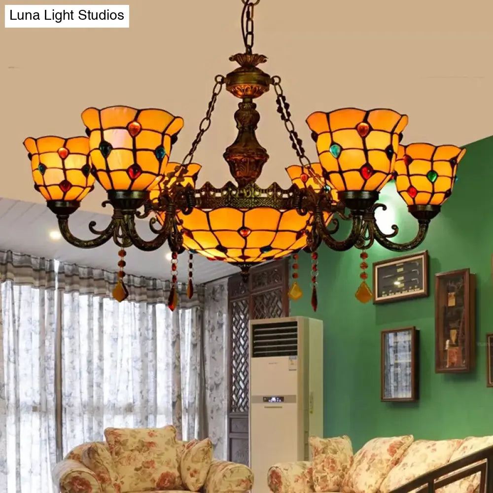 Lámpara de araña de latón envejecido con colgante de estilo Tiffany para mesa de comedor