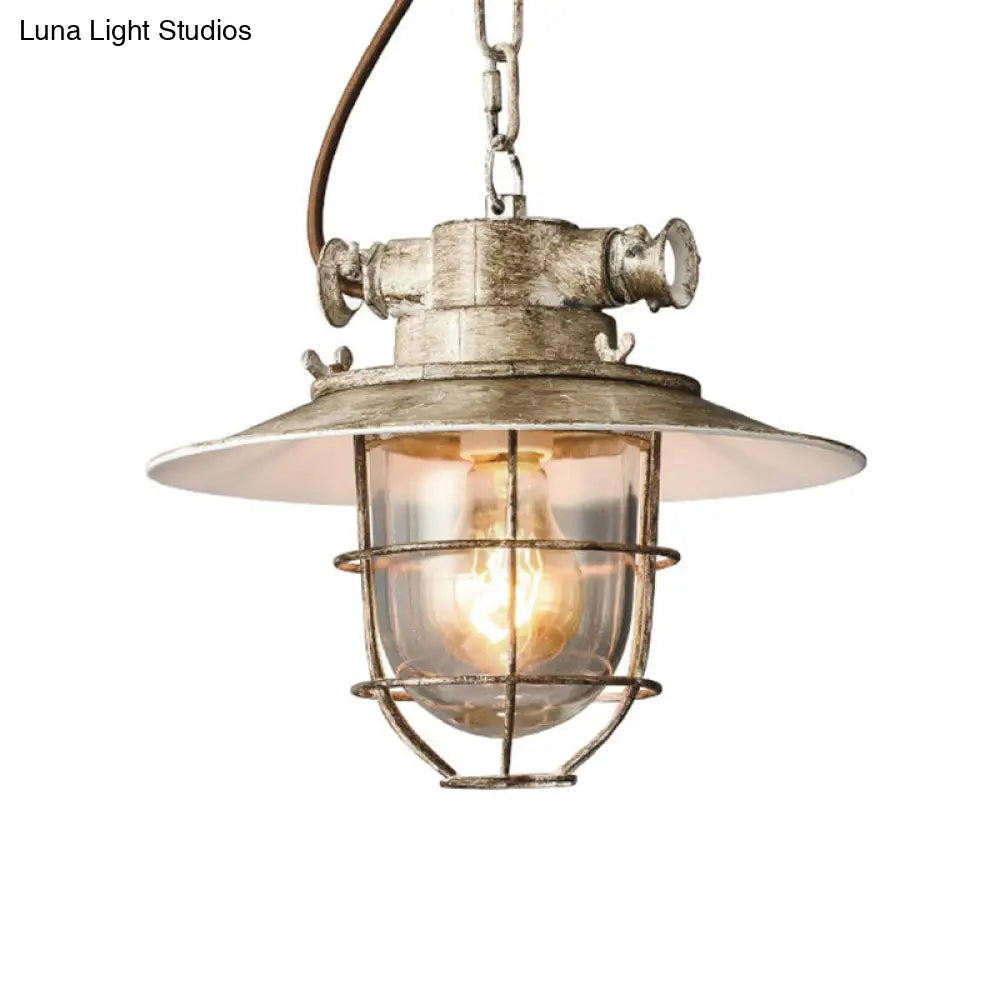 Kit de lámpara colgante industrial de una cabeza con jaula de alambre, acabado plateado envejecido y pantalla de cristal transparente