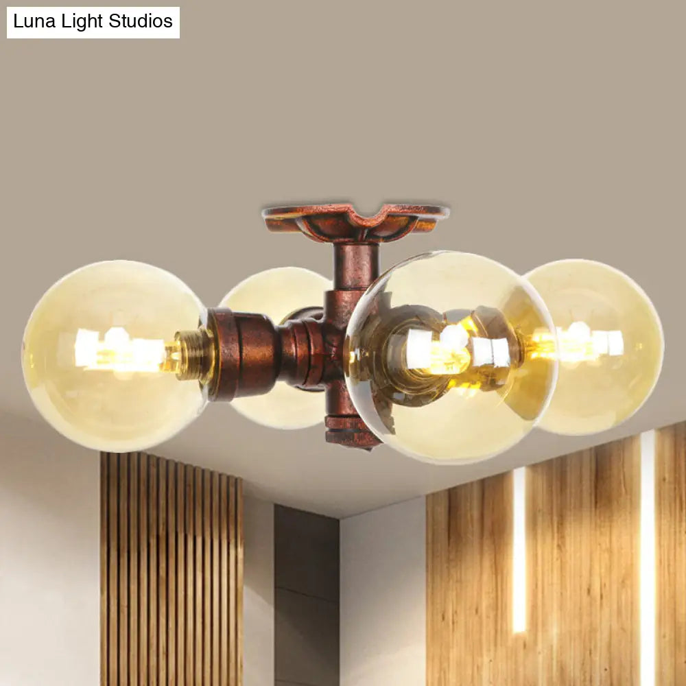 DecorBites™ DecorBites™ Amber Glass Copper Semi Flush Light Sphere LED Ceiling Fixture - Farmhouse Style