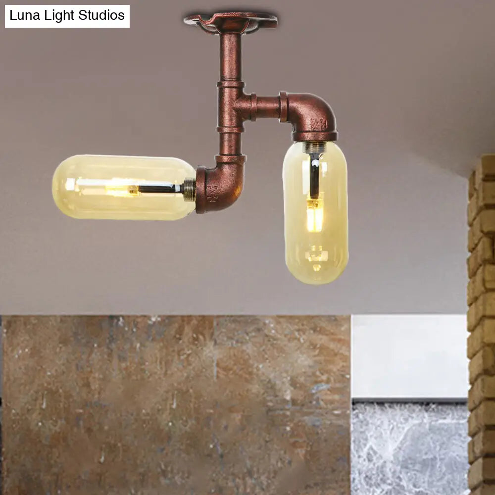 وحدة إضاءة صناعية شبه مستوية من ديكوربايتس™ لغرفة الطعام مصنوعة من زجاج العنبر، مصنوعة من النحاس المتآكل - غطاء كبسولة، مصباحان