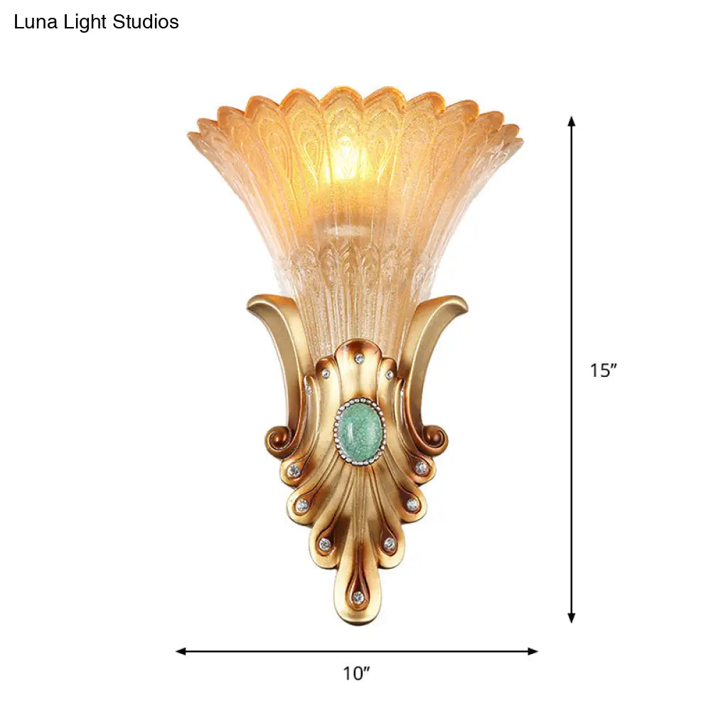 Aplique de pared de cristal ámbar acanalado - Estilo loft - Iluminación de pared dorada de 1 bombilla