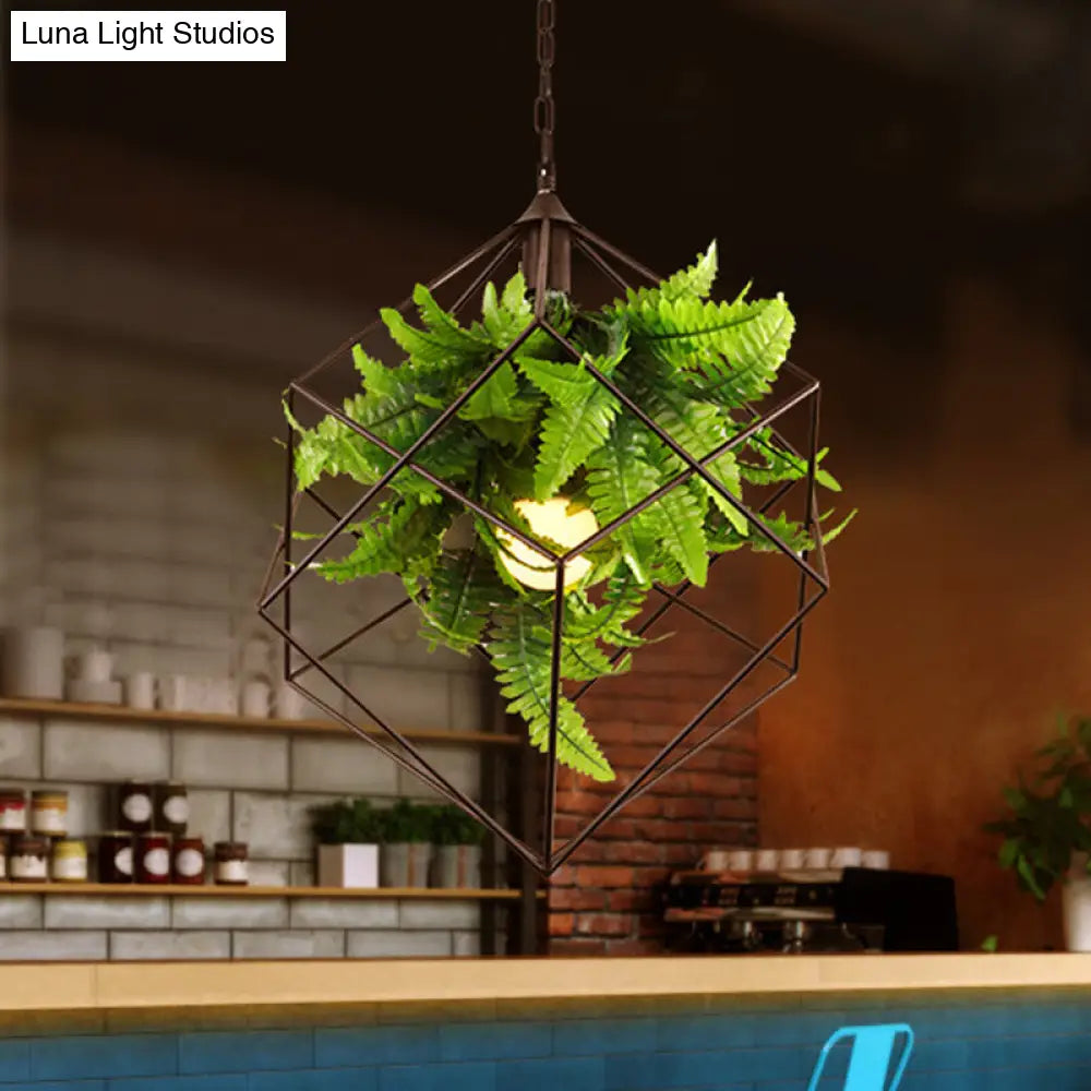 Lámpara colgante geométrica antigua negra con iluminación LED descendente y soporte para plantas - 16,5"/19,5" de ancho