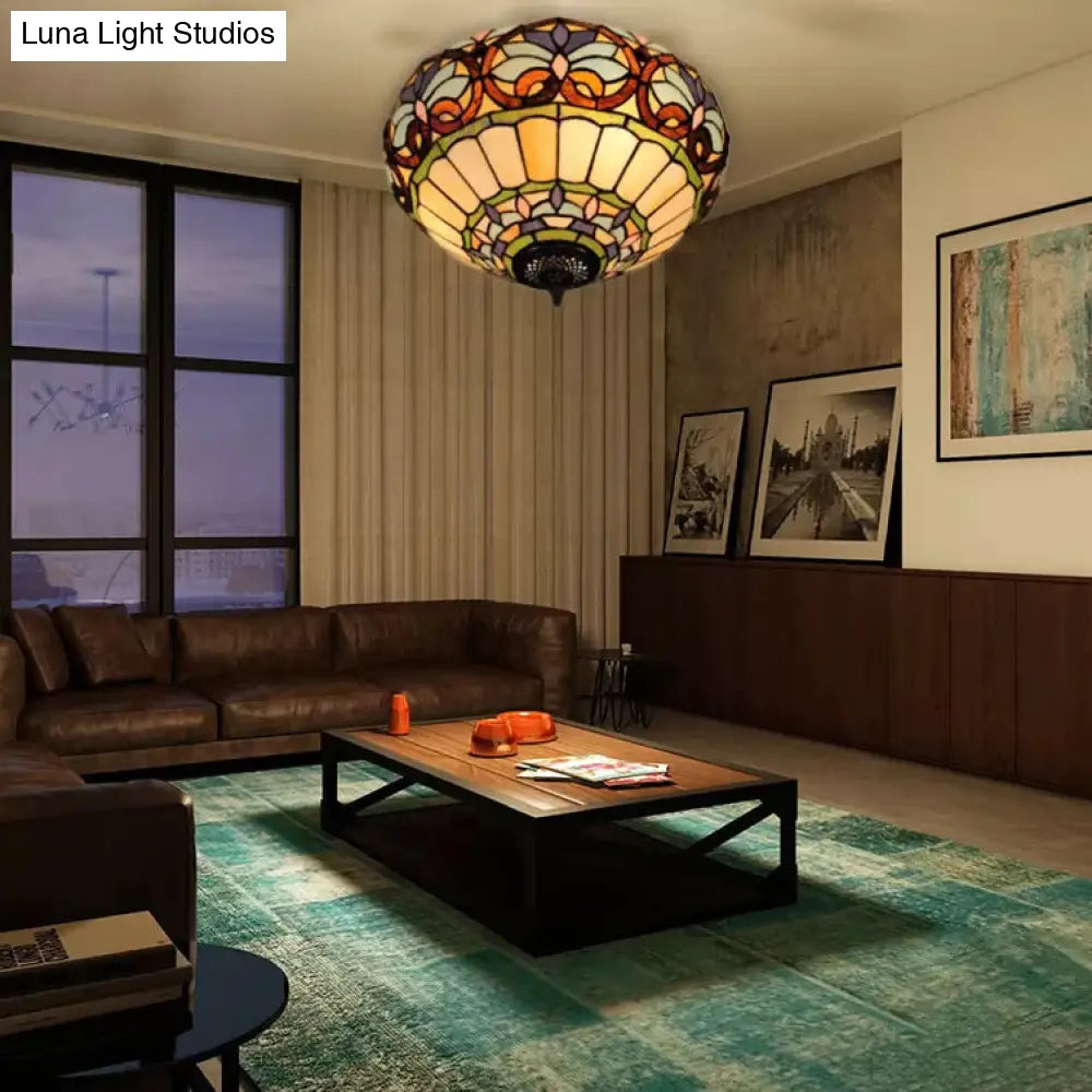 DecorBites™ Lámpara de techo DecorBites™ de latón antiguo con diseño floral y vitral - Lámpara de techo empotrada de estilo victoriano para sala de estar (2 luces)