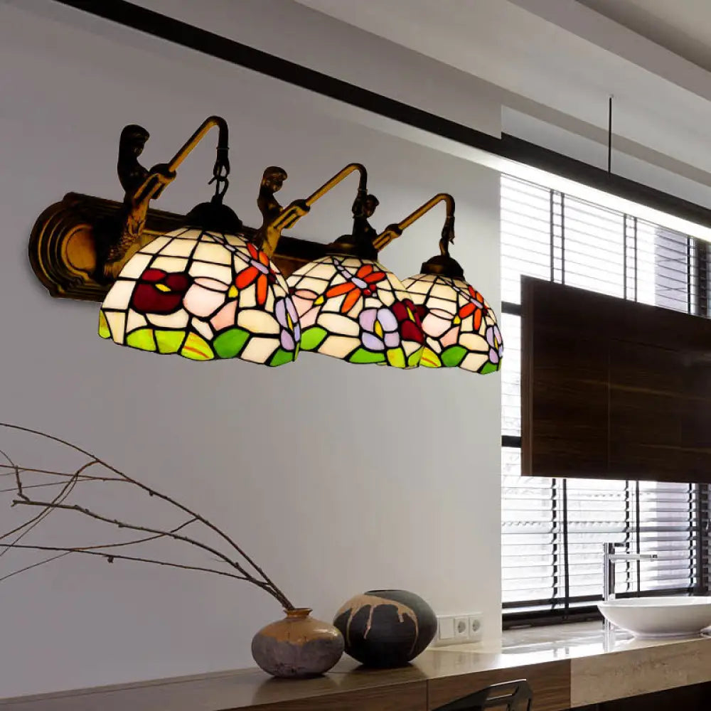 Aplique de pared antiguo de latón con forma de peonía y cristal azul/rosa Tiffany - 3 luces