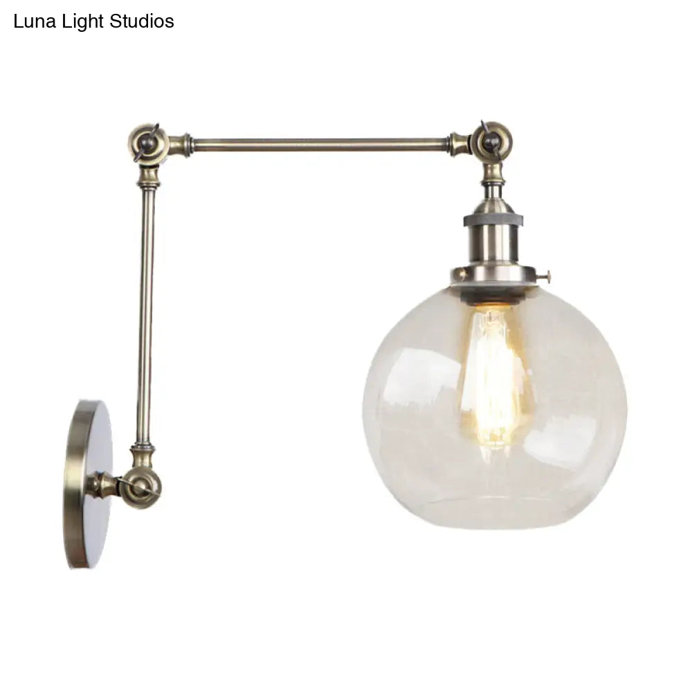 Antique Brass Rustic Globe Wall Sconce with Clear Glass - 1 Bulb Lighting Fixture