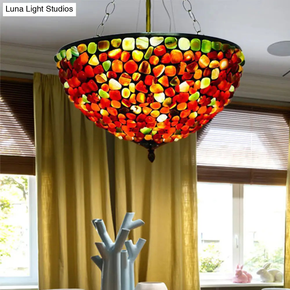 مصباح سقف من الحجر شبه المستوي من النحاس العتيق مع غطاء وعاء - 3 مصابيح - على الطراز المتوسطي