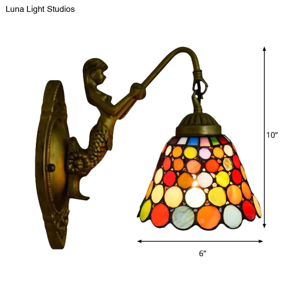 Antique Brass Tiffany Multicolor Stained Glass Flared Sconce Wall Light Fixture