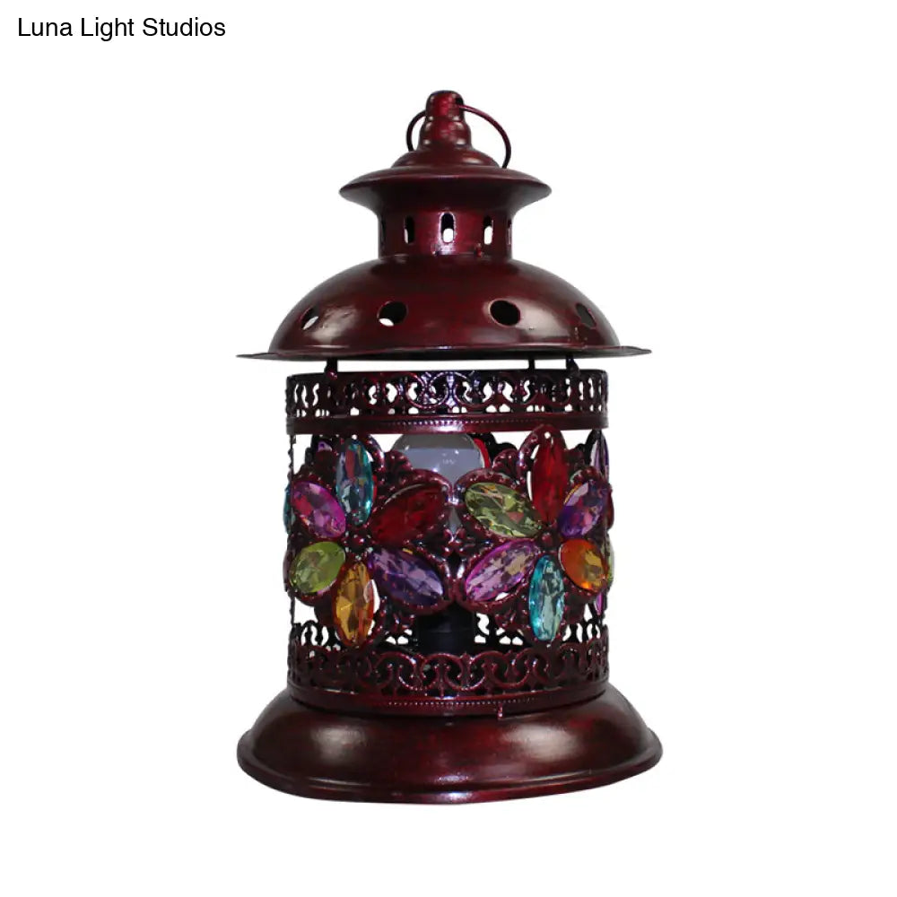 Lámpara de mesa de noche tipo farol antiguo de cobre - Lámpara de mesa metálica de 1 bombilla para sala de estar